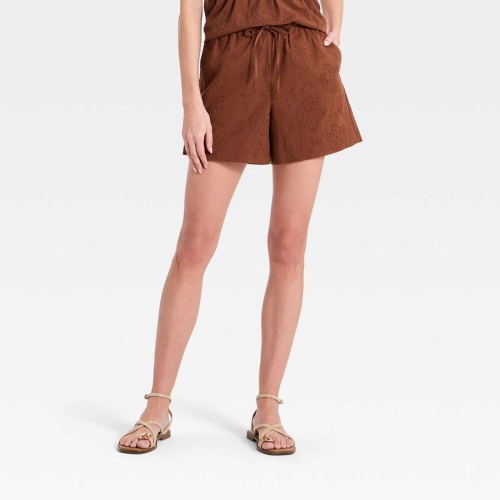 Women's Eyelet Pull-On Shorts 4.5" - A New Day Brown XL